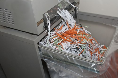 A close-up view of a paper shredder overflowing with shredded documents, which include white, orange, and green paper strips with shredded edges, situated inside an office environment. The shredded paper results from the machine's internal cutting mechanism, spilling out into a transparent plastic bin that is partially visible at the bottom of the image. The shredder itself is a grey, rectangular device with vents and a metallic finish, positioned on a desk or a workspace surface. In the background, part of a white wall and possibly other office equipment are visible, suggesting an indoor setting in a commercial or professional environment. The scene emphasizes the need for proper rubbish removal of office waste papers, which Commercial Waste Borehamwood can assist with, serving the Borehamwood postal area.